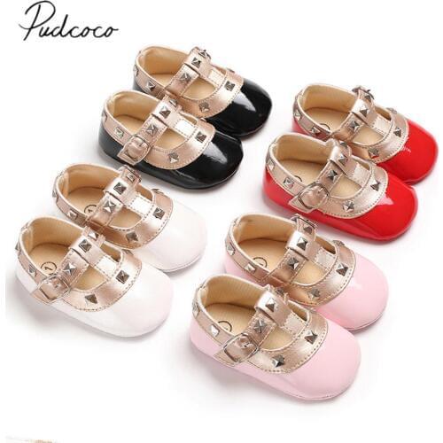 Brand New Newborn Baby Girl Bow Princess Shoes Soft Sole Crib Leather Solid Buckle Strap Flat With Heel Baby Shoes 4 Colors