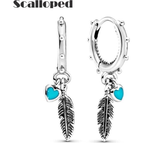 SCALLOPED Vintage Blue Enamel Heart Drop Earrings Bohemian Style Feather Piercing Ear Rings For Women Fashion Jewelry Wholesale