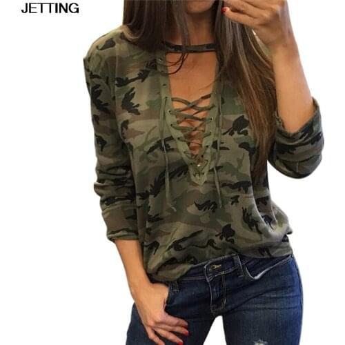 Sexy T-Shirt Ladies Loose Bandege Camo Tee Women Camouflage V Neck Lace Up Halter Top Shirt Tracksuit Female Sudadera