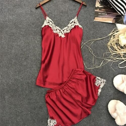 2pcs Women Sleepwear Sexy Satin Lace Pajama V-Neck Babydoll Lingerie Nightdress Sleeveless Cute Sexy Homewear