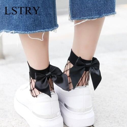 3 pairs Women Sexy Breathable Black/White Lstry Mesh Short Ankle Socks Christmas Girls Fishnet Socks With Cute Bow Socks Lolita