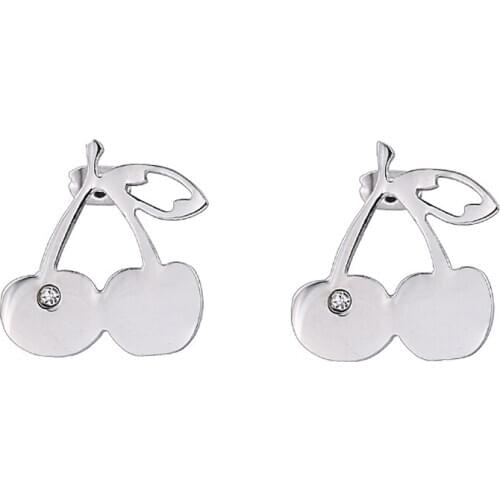 RIR New Fashion Cute Lovely Silver Color Cherry Earrings Crystal Stud Earrings For Woman Jewelry Female Fruit Earrings Girls