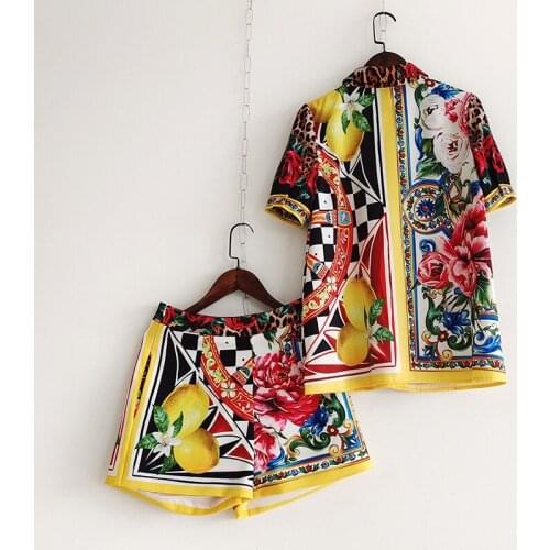 Women Casual Summer 2021 Runway Fashion Loose Short Sleeve Blouse + Shorts Rose Flower Print Plaid 2 Pieces Sets