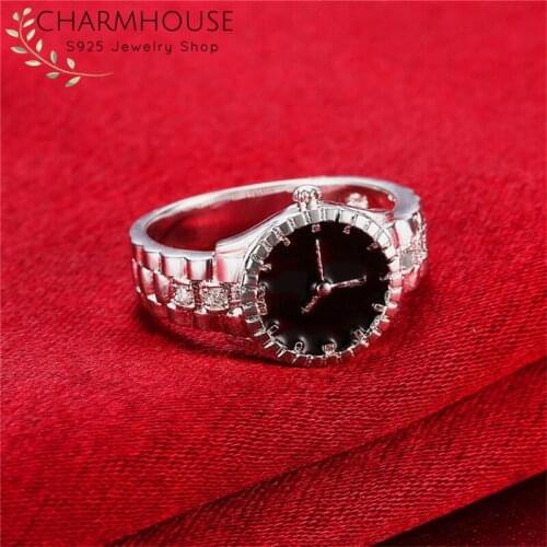 New Sterling 925 Silver Rings For Women 10mm Decoration Watch Finger Ring Size 6 7 8 9 Wedding Band Engagement Jewelry Bijoux