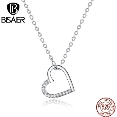 Love Heart Jewelry BISAER 925 Sterling Silver Simple Love Heart Necklaces for Women Cubic Zircon CZ Women Jewelry ECN347