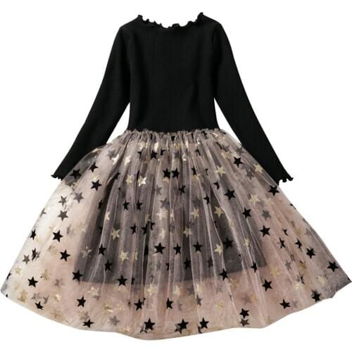 Star Printed Girls Long Sleeve Lace Dress For Kids Party Birthday Casual Tutu Dress Children Casual Wear Girls Clothes Vestidos