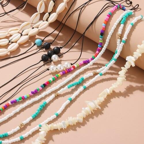 13 Pcs/Sets Fashion Alloy Shell Beaded Hand Woven Necklace Charm Bridal Wedding Adjustable Necklace for Womens Accessories