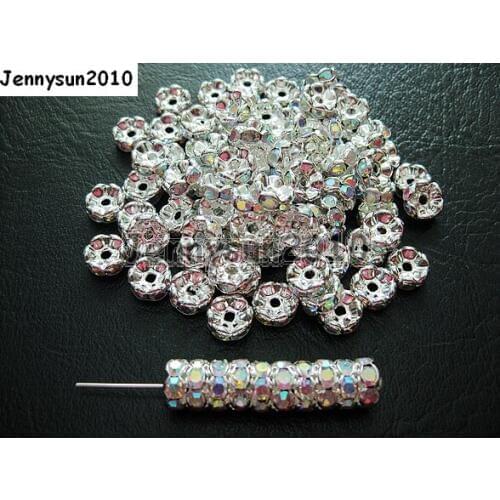 200pcs/lot 5mm Top Quality Czech Clear AB Crystal Rhinestone Pave Wavy Rondelle Metal Sliver Plated Spacer Loose Beads Jewelry