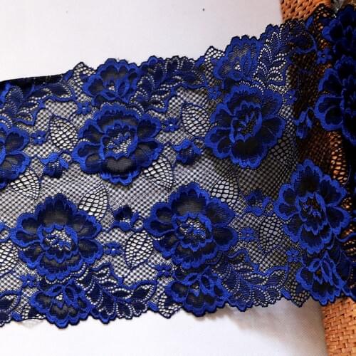 3 Yards 20 CM Wide Blue Flowers Embroidered Elastic Lace Trim Black For Bra Lingerie Sewing Clothing Stretch Fabrics Accessories