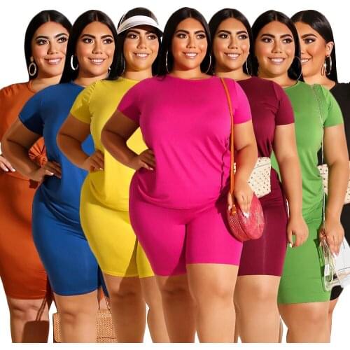 Large Size XL-4XL Womens Casual Solid Color Round Collar T-shirt Shorts 2 pieces Set Flexible Casual tra Bulk Wholesale Items