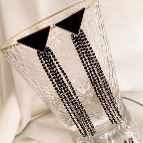 Brand Fashion Big Jewelry Tassel Star Flower Clip Earrings Black Crystal Earrings Tassel Star Design Wedding Party Clip Earrings