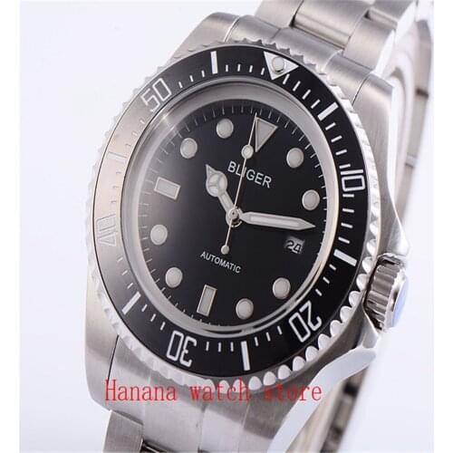 44MM Black Big Dial Mens Wrist Watch BLIGER Luminous Marks Steel Band Watches MIYOTA Movement Automatic Watch
