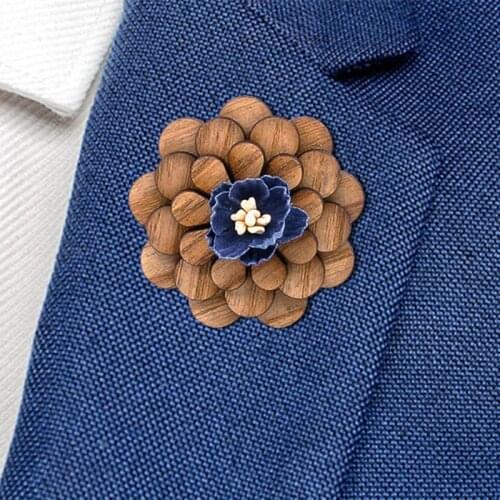 Wood Brooch for Mens Suits Flowers Brooches Handmade Women Lapel Flower Stick Pin Badge Hat Boutonniere Corsage