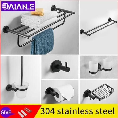 Toilet towel holder black wall mounted bathroom accessories set washroom double towel rack with shelf shampoo holder coat hooks