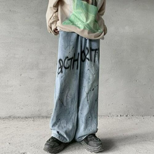 Graffiti Jeans Mens Hip hop Loose Wide-Leg Straight Pants Trend Casual Mop Trousers Streetwear Denim Men Summer Jeans fashion