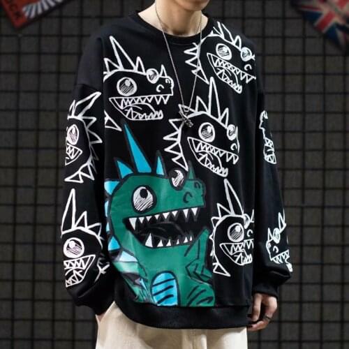 Streetwear Mens T-Shirts Round Neck Dinosaur Cartoon Print Harajuku Tops Tee Men Spring Autumn Hip Hop Long Sleeve Mens Shirt