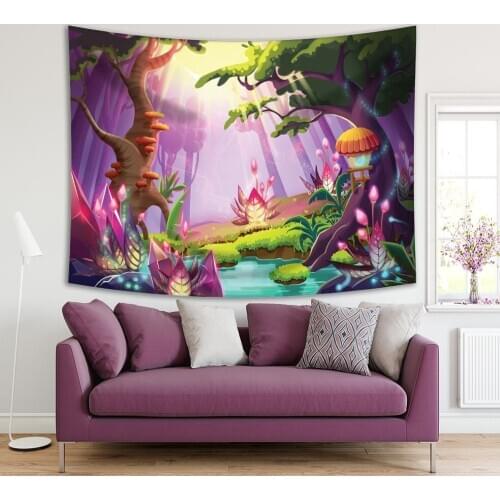 Tapestry The Mystery Forest with Strange Plants Trees Flowers and Sun Light Cartoon Art Purple Green