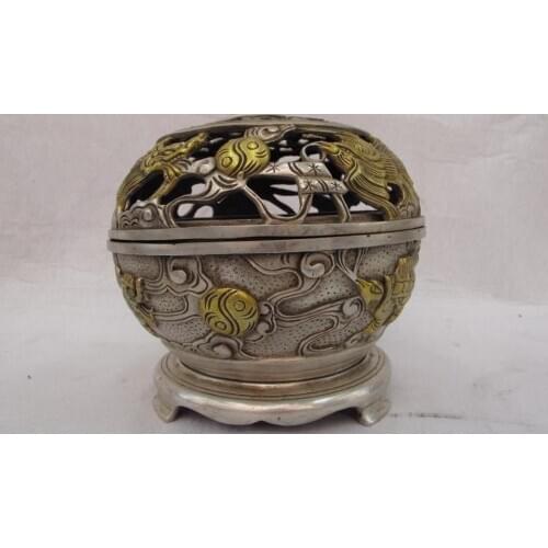 Chinese White Copper Silver Gild Dragon Phoenix Play Bead Censer incense burner