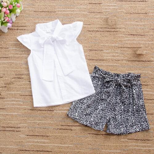Girls' suit 2021 summer new white sleeveless shirt + leopard print shorts 2-piece set 1-5 years old baby
