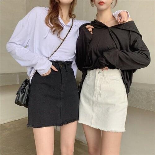 Summer Womens Korean Large Size Frayed High Waist Thin Denim Skirt A-line Skirt Short Skirt