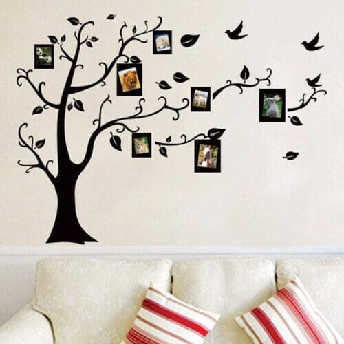 PVC Wall Decals Large Family Photo Frame Tree Bird Quotes Wall Sticker Art Decals Home Decor Black 3D DIY Mural Art Home Decor