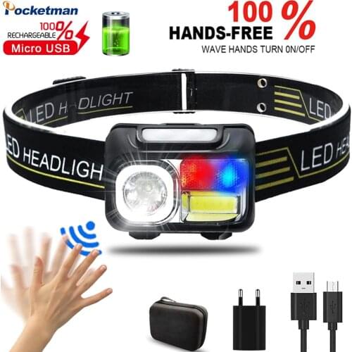 60000LM USB Rechargeable Headlamp Red/Blue Light Body Motion Sensor Headlight Head Lamp Lantern Camping Light Built-in Battery