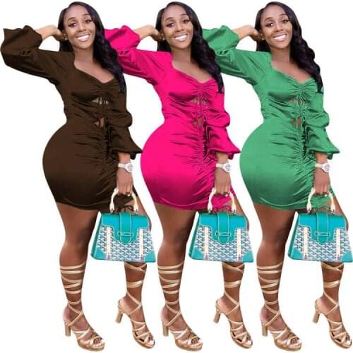 2021 Autumn New Womens Sexy Tight Bright Face Bandage Irregular Lantern Sleeve Dress Nightclub
