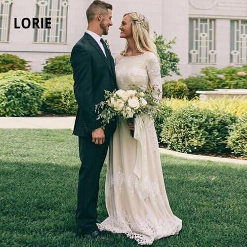 LORIE Wedding Party Dresses for Women 2020 O-neck Long Sleeve Elegant Lace Appliqued Soft Tulle Vintage Muslim Bridal Gowns