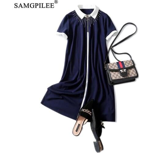 Casual womens dresses 2021 new korean style A-line Solid Short Sleeve Embroidery Knee-length Turn-down Collar Woman Dress
