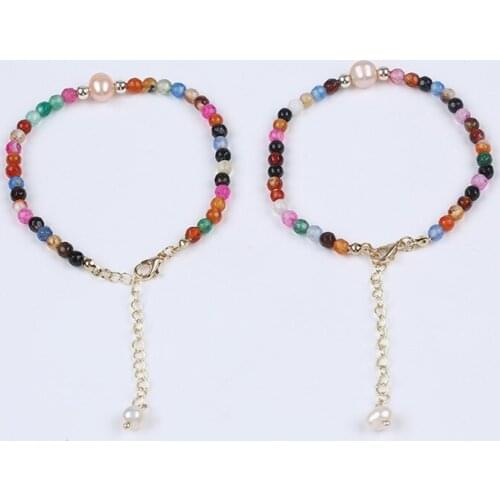 Simple Design 4mm Gemstone Natural Stone With Freshwater Pearl Charm Bracelet For Girls And Women