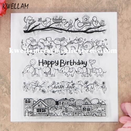 Happy Birthday With Love Bird Leaves Elephant House Scrapbook photo cards rubber stamp clear stamp transparent stamp 9062413