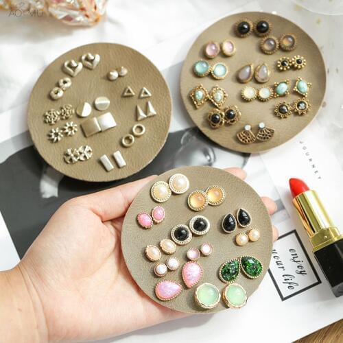 AOMU 12 Pairs Vintage Opal Stone Crystal Pearl Enamel Resin Geometric Metal Heart Stud Earrings Set for Women Girl Party Jewelry