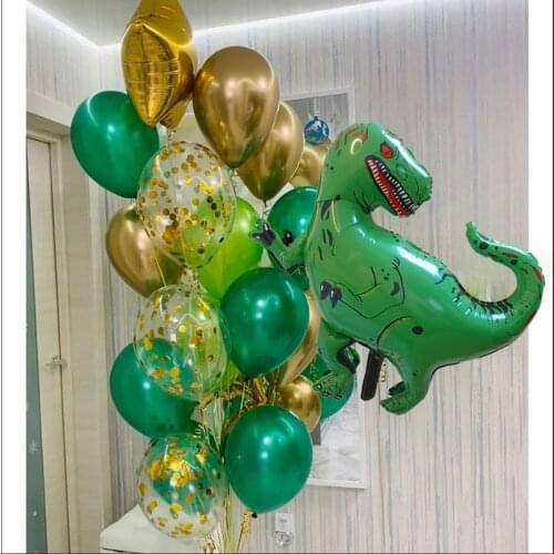 15pcs Giant Dinosaur Foil Balloon Mixed Green Metal Gold Confetti Latex Balloons For Kid Birthday Baby Shower Jungle Party Decor