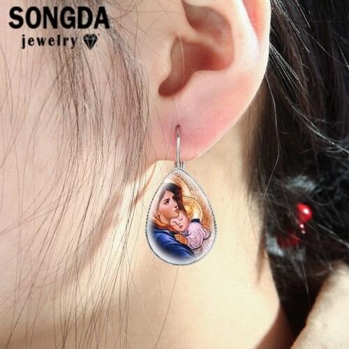 SONGDA Vintage Blessed Virgin Mary Mothers Day Christian Earrings Art Glass Cabochon Teardrop Earrings Hand Craft Jewelry Gifts