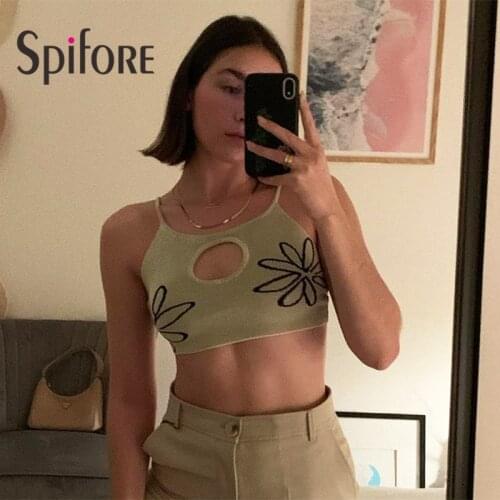 Spifore Knit Floral Crop Top Women Summer Hollow Out Straps Bodycon Sexy Tops Black Sleeveless Streetwear Print Clothes