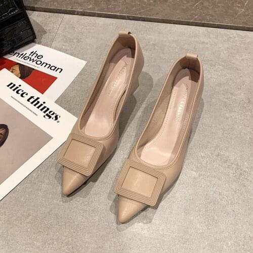 Women High Square Button Shoes Pointed Toe Shallow Mature Loafers Female Pumps Breathable Handmade Office Ladies Shoes