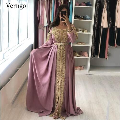 Verngo Moroccan Kaftan Dusty Pink Formal Evening Dresses Gold Lace Appliques Muslim Arabic Long Sleeve Occasion Gowns Custom
