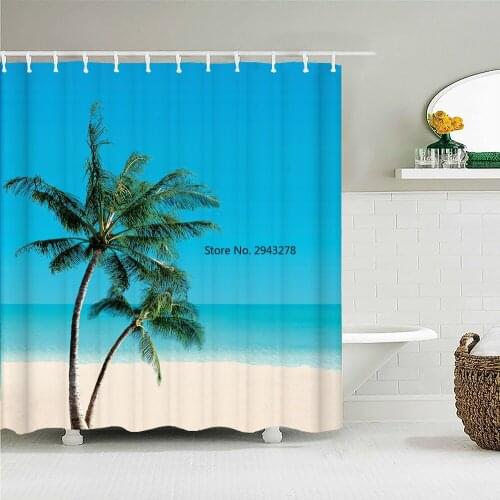 High Quality Sunny Beach Printed Fabric Shower Curtains Sea Scenery Bath Screen Waterproof Products Bathroom Decor with 12 Hooks