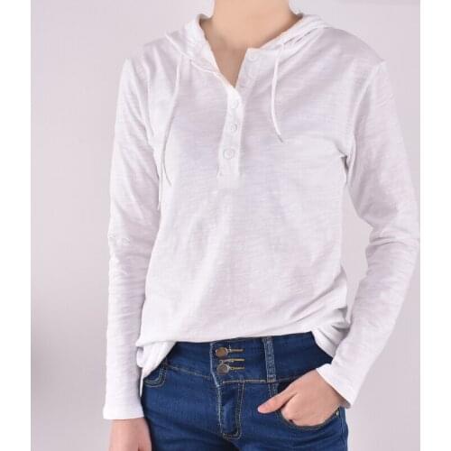 100% cotton women t-shirts hooded solid white button lady loose t-shirts top tees white purple long-sleeved bottoming tops
