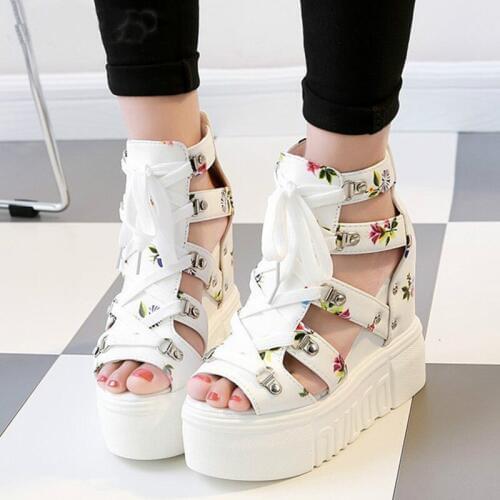 Dropshipping Spring Women Sandals High Heel Casual Ethnic Flower Floral Toe Wedges Platform Height Increasing Chunky Ladies Shoe
