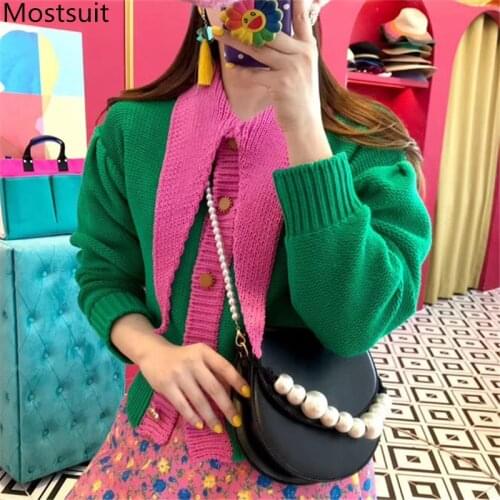 2020 Autumn Korean Color-blocked Sharp Collar Women Cardigan Sweater Long Sleeve Single-breasted Stylish Fashion Female Cardigan