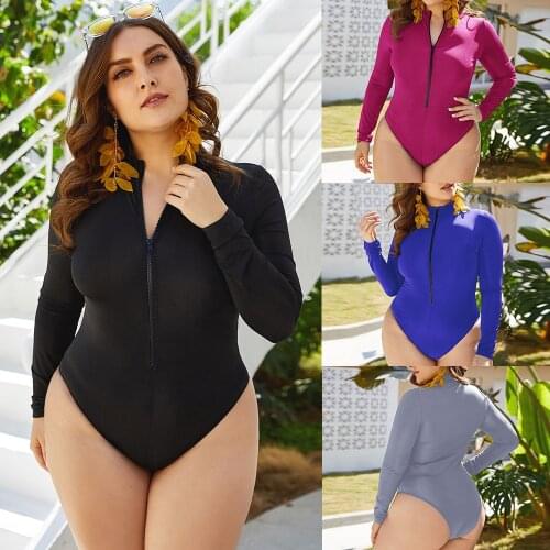 2021 New Big Women Solid Color Zipper Long Sleeve Triangle Swimwear Conservative Belly Cover Spring Large Size Swimsuit Fat Girl