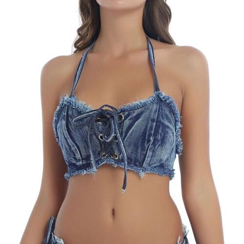Halter Denim Sexy Bikini Tops Women Girl Summer Sleeveless Backless Bandage Bustier Crop Top Vest Rave Party Clubwear Streetwear