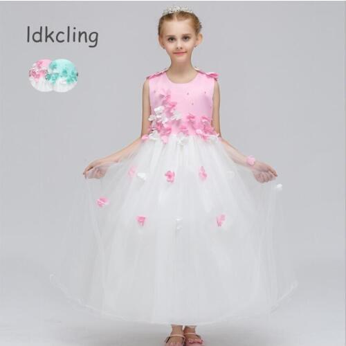 Flowers Girl Dresses Summer Elegant Wedding Silk Dress for Children Toddler Kids Floral Tutu Dress Long