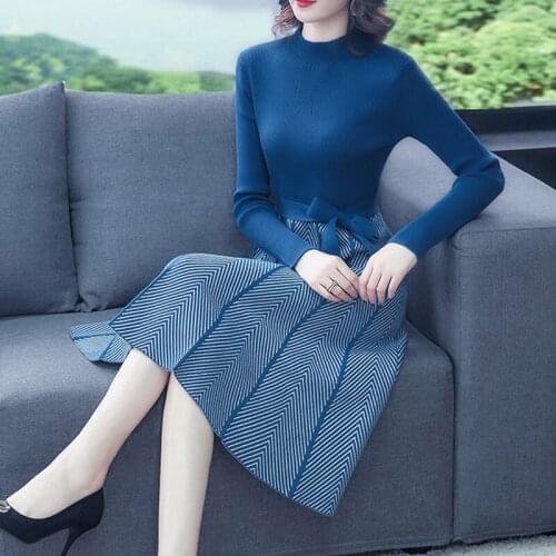 Bodycon Dress Fall Winter 2020 Fashion Women Stand Long Sleeve Knitting Striped Spliced Wool Big Elasticity Belt Sweater Dress