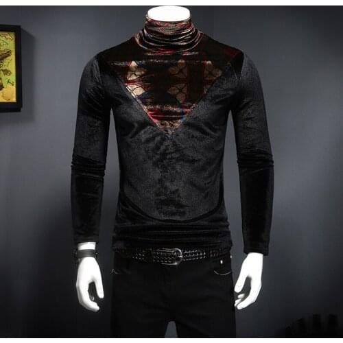 2020 Autumn Winter Velvet Tops Male Slim Fit Turtleneck T-Shirts Long Sleeve Tee M-4XL Royal T Shirt Men