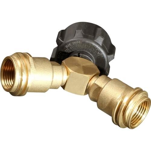 3-Way Propane Y Splitter, Gas Tee Valve, QCC1 Brass T Adapter Splitters, connects two regulators to one propane tank