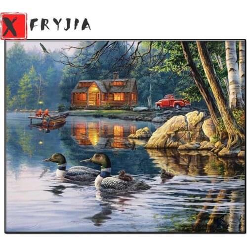 Diamond Embroidery Mosaic Lakeside Cabin & Ducks 5D Diamond Painting Full Diamond Cross Stitch Needlework DIY Painting Craft