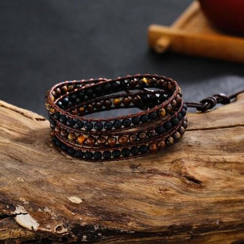 Simple Design Handmade Natural Stone 4mm Bead 3X Leather Wrap Stackable Bracelet Jewelry Drop Shipping