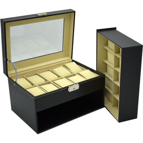 20 grids jewelry watches case display boxes Business home use black Pu leather storage boxes holder drawer 2 layer fashion case